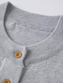 Women's Spring Knit Cardigan Stylish Solid Ribbed Trim Button Down Crew Neck Long Sleeve Sweater Jacket - Grey - View 3