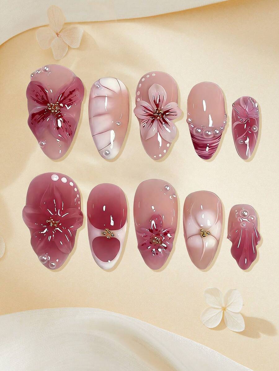 10片法式花卉中号杏仁形美甲贴纸，手工制作，Y2K全息DIY美甲贴纸套装，3D浮雕效果，搭配白色珍珠装饰，全覆盖经典款式，可重复使用，适用于美甲沙龙、女孩和女士日常美甲、节日和礼品，美甲用品