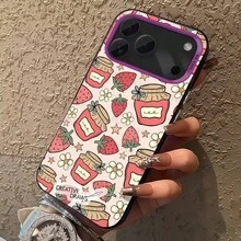 いちごジャムとデイジー柄のスマホケース、インスタグラム風キュートで気をつけてまぐれなレトロスタイル、 17 16 15 14 PLUS 13 12 11 PRO MAXに適したギフト - 透明な黒 - チェックする 10