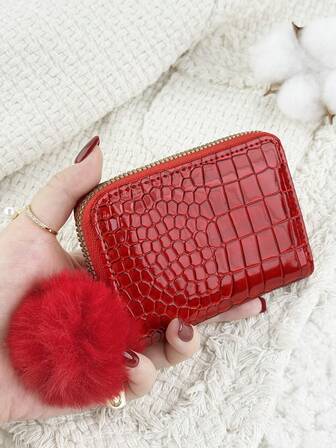 With A Pom-Pom Charm,Red Zipper Card Holder Multi-Card Card Organizer For Storage Credit Cards,Lightweight Minimalist,Fashion,Modern,Business,For Anniversary,For Christmas,On Valentine Day,For Birthday Gift,For Gift,For Lover For Women,For Girls,For Lady,For Female,Bag School Supplies For School Dorm Room & Back To School
