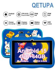 Qetupa Tablet Anak Android 15 7 Inci, Desain Kelinci, Dengan Casing Pelindung Anti Guncangan, RAM 4GB + ROM 64GB (Mendukung Penyimpanan yang Dapat Diperluas hingga 1TB), Layar Sentuh IPS 1024*600, Baterai 4000mAh, Kamera Ganda 0.5MP + 2.0MP (Adaptor Tidak Termasuk) - Biru - View 2