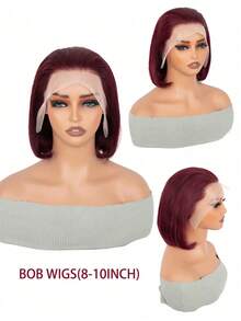 女士真人发假发 - Elighty 180% 超高密度酒红色波波头假发，8-10 英寸短直无胶蕾丝前假发，预先修剪的自然发际线，适合日常佩戴 - 彩色 - 查看 11