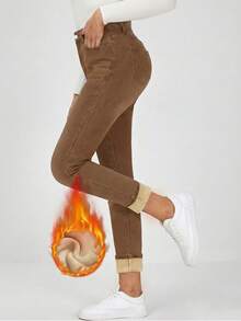 冬季保暖中腰修身锥形裤 - 加厚保暖设计，时尚百搭 - 咖紅色 - 查看 4