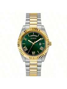 Guess ساعة رجالية - ساعة يد كلاسيكية أنيقة للرجال بعرض التاريخ/اليوم، قرص أسود دائري، سوار من الفولاذ المقاوم للصدأ بلون فضي-ذهبي، مناسبة للارتداء اليومي في العمل، هدية عيد ميلاد للرجال. GW0265G8