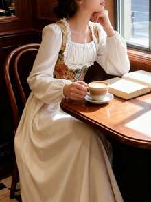 فستان رسمي بقصة قصر 2 في 1 لتنحيف الخصر، فستان أبيض طويل الأكمام بطراز فرنسي قديم، مناسب للمضيفات والدراما والعروض والرقص على المسرح - متعدد الألوان - مشاهدة 4