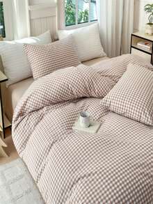 卡其色格子被套，特大号 - 超柔软床上用品系列 - 轻盈透气，适合女孩 - 柔软透气床上用品（特大号，白色，黑色） - 卡其色 - 查看 3