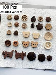 20/50/100颗棕色卡通木质纽扣，尺寸10-30毫米，熊猫、小猫、花朵造型，手工DIY缝纫装饰纽扣，适用于服装、剪贴簿等。