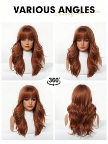 20 Inch Deep Brown Long Wavy Layered Synthetic Wig With Bangs, Suitable For Women's Daily, Party, Cosplay Styling - Dirty Orange - View 8