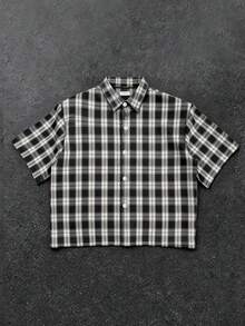 WAIT HIM Camisa casual de manga corta con botones delanteros a cuadros para hombre, de verano - Blanco y Negro - Ver 8