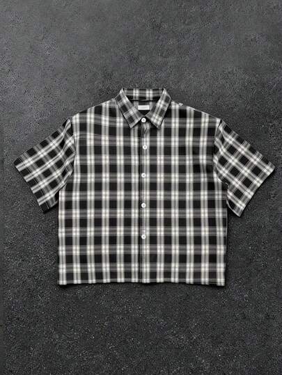 WAIT HIM 男士休闲前扣短袖格子衬衫，夏季