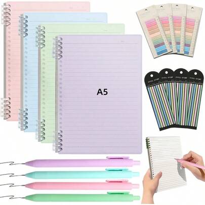 Set de 4 cuadernos escolares A5 240 hojas rayadas - Cuaderno De Espiral Incluye 4 Boligrafos Marcadores y Etiquetas Índice libretas pasta dura Cuaderno profesional para universidad y oficina