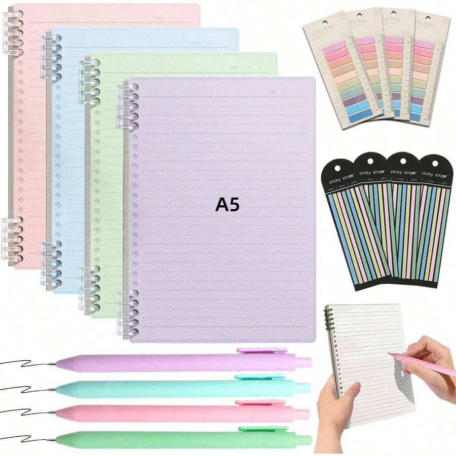Set de 4 cuadernos escolares A5 240 hojas rayadas - Cuaderno De Espiral Incluye 4 Boligrafos Marcadores y Etiquetas Índice libretas pasta dura Cuaderno profesional para universidad y oficina - color claro - Ver 1