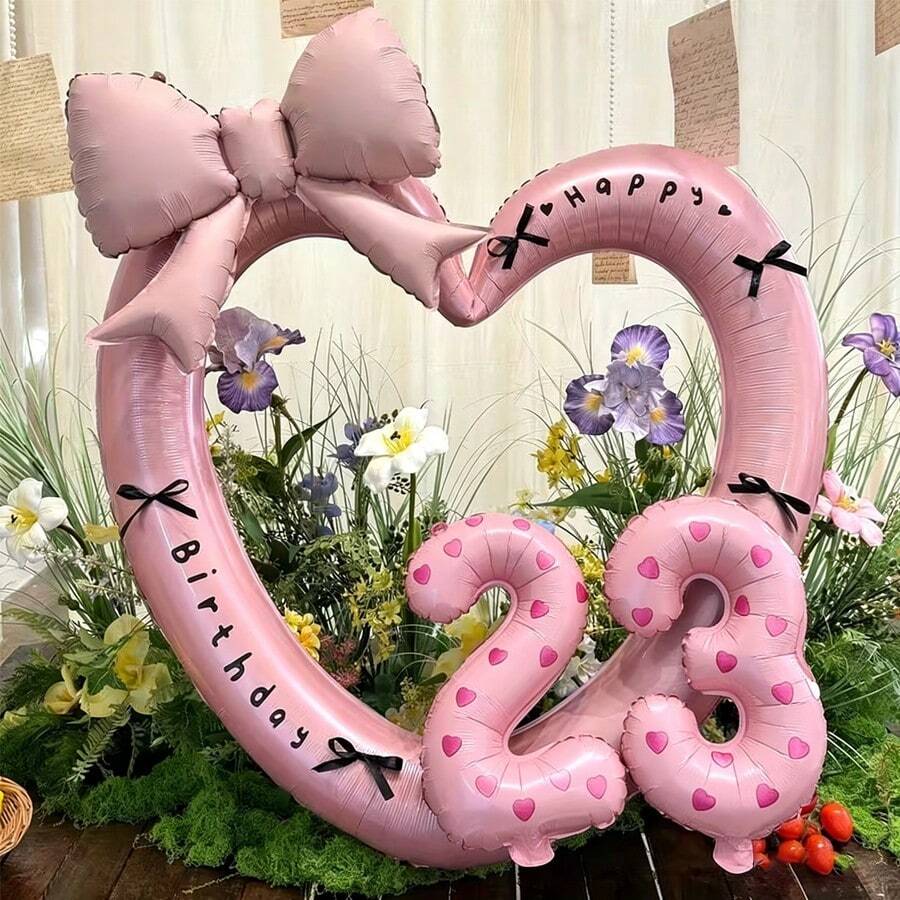 1 Set 40-Inch Giant Pearl Pink Heart Shaped Foil Balloon, 16-Inch Pink Number Balloons, Decorated With Black Ribbon Bow And "Happy Birthday" Sticker, Suitable For Birthday Celebrations, Outdoor Events, Anniversary, And As Wedding Decor Background - Multicolor - View 1