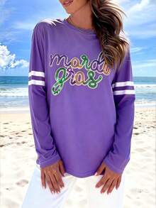 LOVE JOYY Women's Carnival Letter Pattern Purple Long Sleeve T-Shirt, Fashionable Casual Vacation Beach Daily Loose Comfortable Top, Spring/Summer - Multicolor - View 7