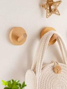 1pc No-Drill Round Wooden Wall Hook Organizer - Coffee Brown - View 10