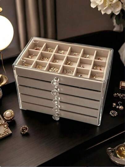 1 Pc, 54 Compartments, 5/3 Layers, Transparent, Velvet, Acrylic Jewelry Box - Large Capacity For Earrings, Rings, Necklaces, Home & Travel Use, Fade-Resistant Soft Pad Drawer Design, Size M Is Jewelry Tray (Purchase Carefully) (Includes Jewelry Tray), Women's Gift, Modern Style Jewelry Box, Jewelry Organizer With Multiple Drawers - Large Capacity For Earrings, Rings, Necklaces And Beads