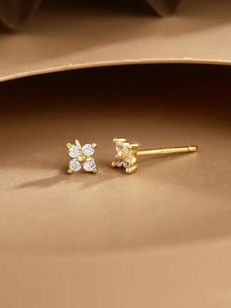 1 Pair S925 Sterling Silver Earrings, Fashionable & Popular Delicate Geometric Flower & Four-Leaf Clover Design, Jewelry Gift For Women, Suitable For Daily Wear