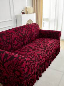 1pc Plush Jacquard Sofa Cover With Skirt, High Stretch Plant Leaf Pattern, Suitable For Various Occasions, Machine Washable - Burgundy - View 7