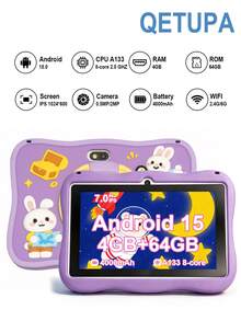 Qetupa 7英吋 Android 15 兒童平板電腦，兔子設計，附防震保護殼，4GB RAM + 64GB ROM（支援 1TB 擴充儲存），1024*600 IPS 觸控螢幕，4000mAh 電池，0.5MP + 2.0MP 雙鏡頭（不含適配器） - 紫色 - 查看 2