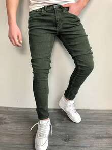 Men's Stretch Slim Fit Jeans - Slim Fit With Distressed Hem, Mid-Rise And Tapered Design, Non-Sheer And Versatile For All Seasons - Machine-Washable Imitation Jeans - 綠色 - 查看 5