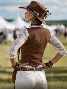 Women's Elegant V-Neck Long Sleeve Lace Trim Faux Denim Collar Cover Up - Bohemian Western Cowgirl Style, Stretchy & Versatile, Suitable For Casual, Denim Outfits, All Seasons, Women's Western Wear, Women's Shirts & Blouses - Brown - View 7