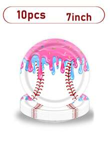 10pcs/Set Ice Cream Baseball Theme Party Tableware Set, Includes Paper Plates, Napkins, Cups - 7 Inch Round Baseball Dessert Plates, Suitable For Cake, Salad, Fruit, Pizza, Disposable Themed Decor, Suitable For Sports Fans, Sports Events, Birthday Parties, Can Also Be Used As Disposable Tablecloth. - Multicolor - View 6