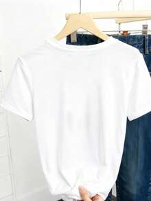 Camiseta casual de mujer con patrón de lentejuelas en forma de corazón, de moda, cómoda, transpirable, clásica de cuello redondo y manga corta para primavera/verano - Blanco - Ver 2