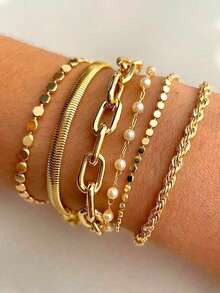 6/5/4件套 时尚简约优雅复古几何心形蝴蝶水钻闪亮仿珍珠花朵圆盘无限符号链条粗金属简约手链套装，适合节日、派对、送礼、日常佩戴 - 金黃色 - 查看 8