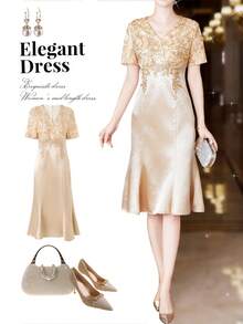 This Stylish And Luxurious Mermaid Evening Gown Is An Elegant And Glamorous Women's Dress. The Shimmering V-Neck Dress Is Champagne-Colored, Perfect For Toasting, And Features Heavy Rhinestone Details. Suitable For All Seasons, Including Christmas Eve, Christmas Day, Chinese New Year, And New Year's Eve. It's Also Suitable For Everyday Wear, Casual Occasions, Weddings, Banquets, Parties, Engagements, Ceremonies, Social Events, Vacations, Semi-Formal Settings, And Birthday Celebrations.