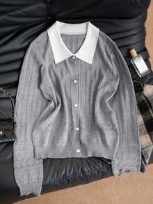 Women's Turndown Collar Knitted Cardigan, Elegant Age-Reducing, New Autumn/Winter Fashion Slim Fit Sweater Top - Gray - View 5