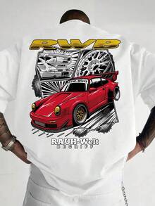 Men's Fashionable Casual Racecar Graphic Print Round Neck Short Sleeve T-Shirt, Versatile For Daily Wear - White - View 5