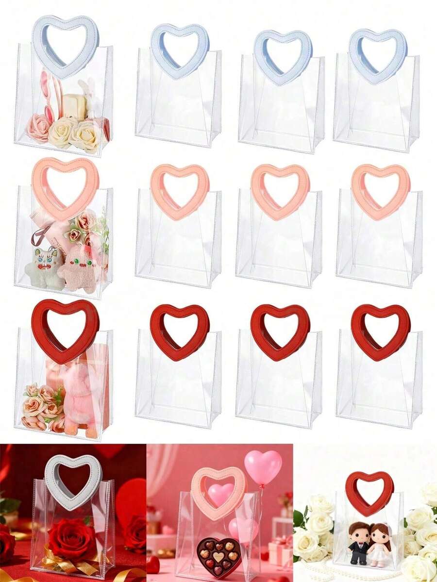 1/3/10pcs Pink Heart-Shaped Handle Gift Bags, Reusable Transparent Plastic Gift Packaging Bags, Suitable For Weddings, Parties, Anniversaries, Valentine's Day, Mother's Day, Handmade Gift Boxes, Candy & Chocolate Decoration Bags