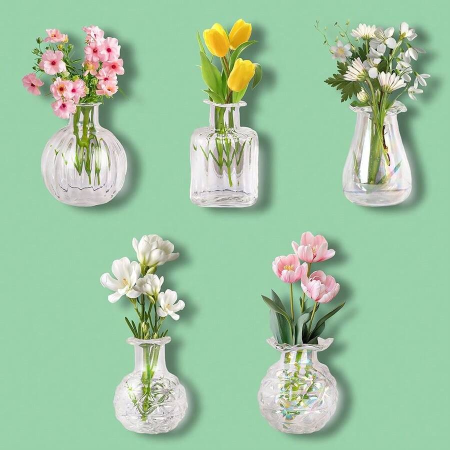Cute Mini Vase Magnets For Fridge, Tiny Plant Glass Vases With Flowers, Magnetic Refrigerator Decor For Kitchen, Office, Locker (5 Pack) - 5 - 查看 1