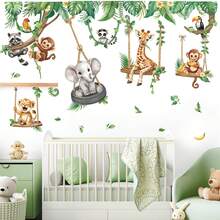 Jungle Animal Swings Wall Stickers Lion Elephant Giraffe Tropical Leaves Wall Decals Bathroom Playroom Bedroom Party Home Decor - Multicolor - View 2