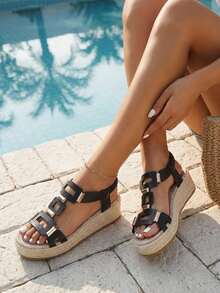 planare Women's Fashionable Summer Casual Vacation Style Rope Woven Sole Round Toe Open Toe Thick Bottom Wedge Sandals, Slip-On, Solid Color Versatile Indoor Outdoor Beach Wedge Sandals - Black - View 4