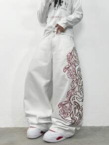 1pc Justice Brother Korean Style Embroidered White Denim Jeans, Loose Fit, Versatile, Comfortable Casual Wide Leg Pants (Belt And Accessories Not Included) - White - View 6