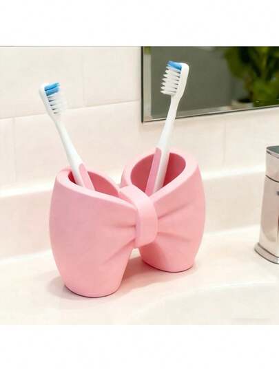 1pc Bowknot Toothbrush Holder (With Drainage Hole), Pink Butterfly Shaped Storage Cup | Toothbrush Holder/Desktop Pen Cup, Bathroom Vanity Organizer, Makeup Brush Holder, Cute Decor For Valentine's Day, Bedroom Desk Creative Storage Bucket