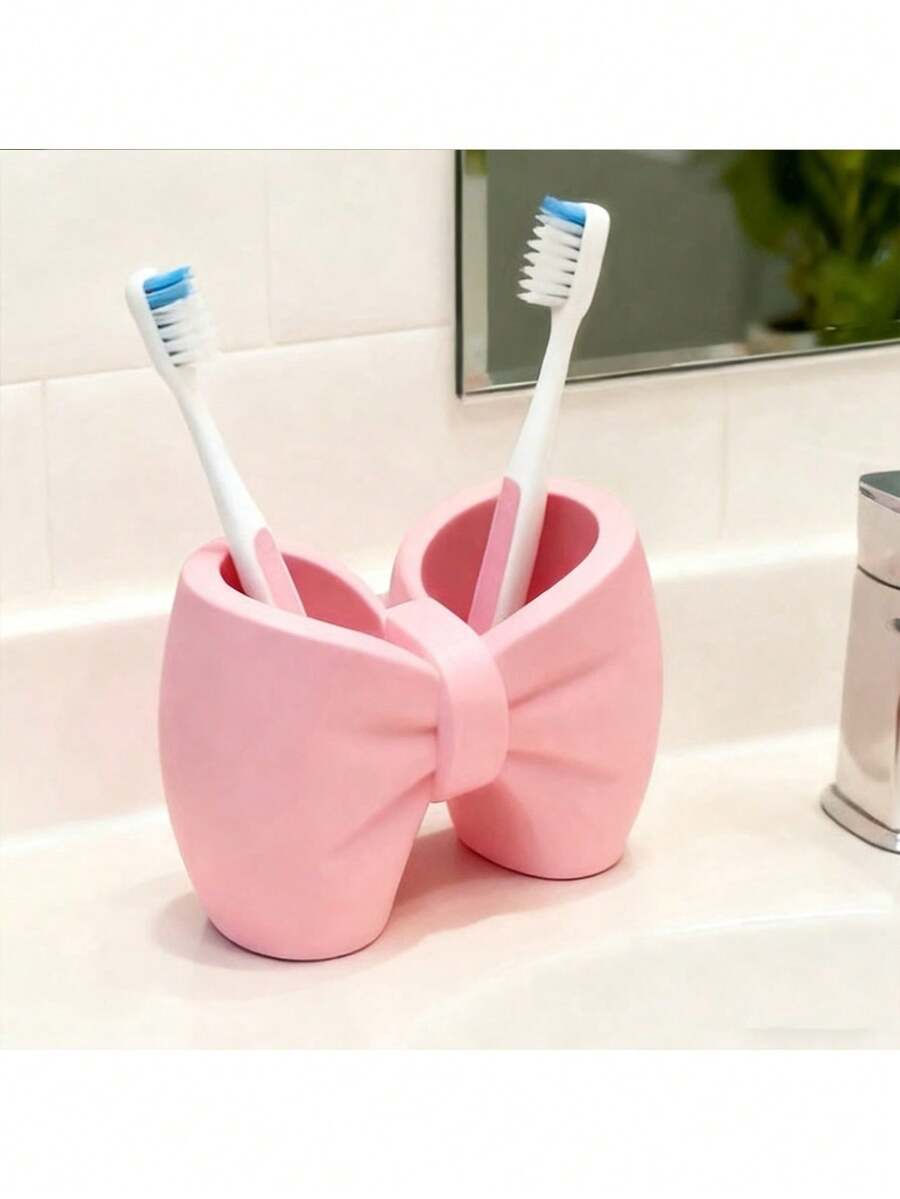 1pc Bowknot Toothbrush Holder (With Drainage Hole), Pink Butterfly Shaped Storage Cup | Toothbrush Holder/Desktop Pen Cup, Bathroom Vanity Organizer, Makeup Brush Holder, Cute Decor For Valentine's Day, Bedroom Desk Creative Storage Bucket - Multicolor - View 1