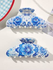 2个/套 ABS材质 蓝白瓷牡丹花UV印花发爪，优雅半圆形发夹组合，简约高端氛围派对及正式场合发饰 时尚发爪夹 休闲发夹 优雅发卡 - 2件套裝-多色 - 查看 4