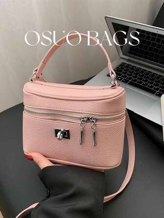 2026 Spring/Summer New Mini Solid Color PU Leather Litchi Grain Pattern Handbag, Cosmetic Bag, Square Handbag, Niche Fashion Bucket Bag, Box Bag, Versatile Casual Shoulder Crossbody Bag For Women