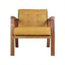 DESINGS Sillón Ocasional Saatore Piel Natural Durable Acabado detallado Mid-Century de Madera de Piel AirBnb proyectos hoteleria Mostaza Parota Cuadros - Multicolor - Ver 4