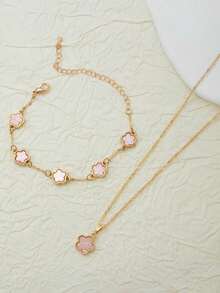 1 Set Fashion Lucky 5-Petal Flower & Clover Jewelry Necklace & Bracelet Set For Girls - Two-piece Set - View 5