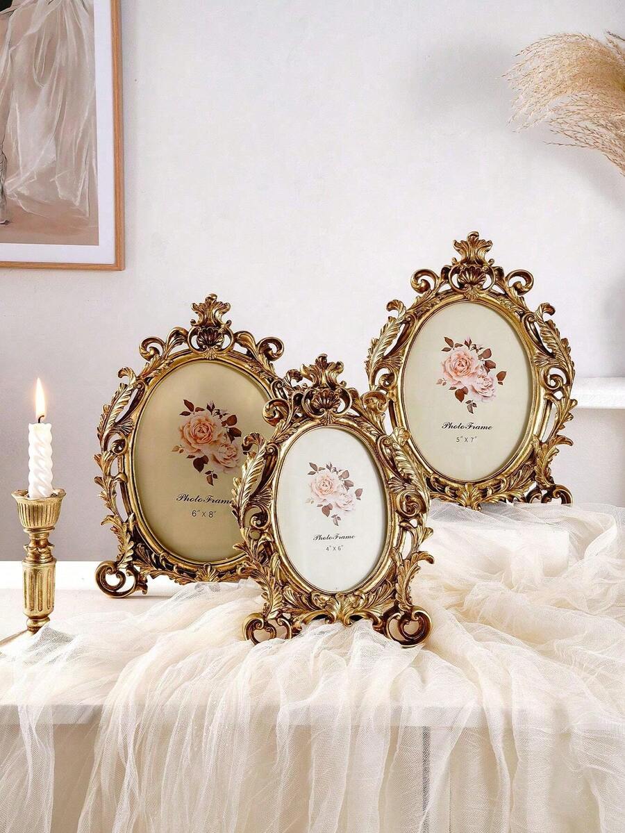1pc Vintage European Style Golden Floral Oval Photo Frame, Classical European Decor Frame For Photo Display And Home Decoration - Gold - View 1