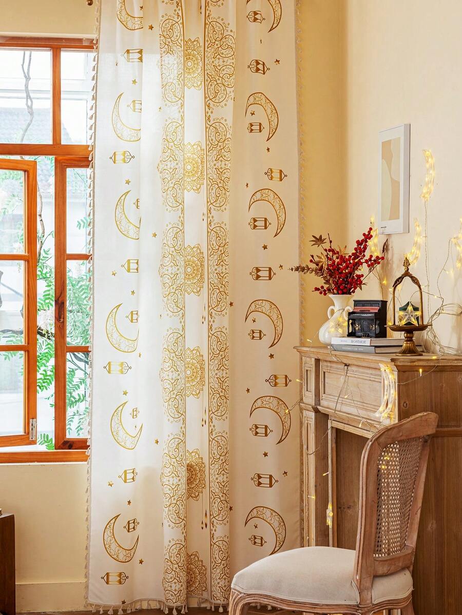 1pc Ramadan Beige Curtain With Gold Moon, Star, Lantern Pattern, Beige Tassel Decor, Room Divider, Door Curtain, Kitchen Short Curtain, Washable, Home Decor, Suitable For Bedroom, Study, Living Room, Dining Room, Holiday, Theme Party, Arabic Style - Beige - View 1