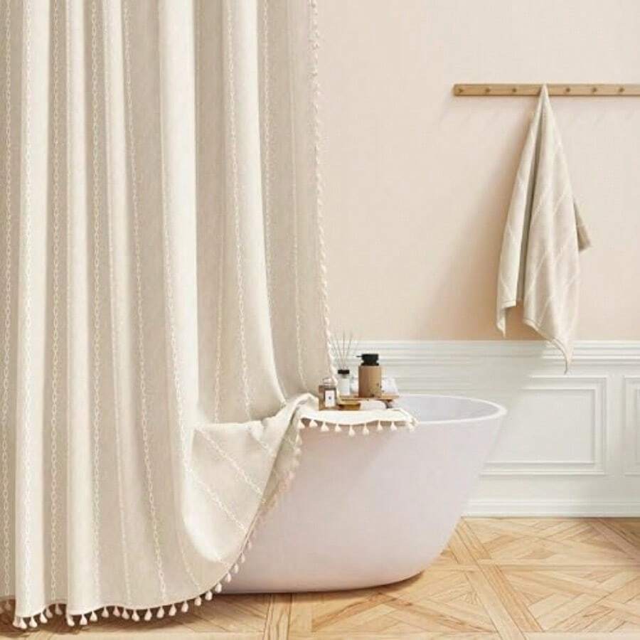 Boho Farmhouse Shower Curtain Linen Rustic Weighted Striped Cloth Shower Curtain Set With Tassel Water Repellent Bohemian Vintage Country Fabric Shower Curtain For Bathroom Cream/Beige 72x72 - A - 奶油色+72吋寬 x 90吋長(1 件裝) - 查看 1