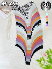 20-Piece Set. Mix Of Leopard Print & Solids. One-Piece, Ultra-Thin, Seamless Panties With Wavy Edges. Low-Rise, Quick-Dry, Breathable. Great For Dates, Indoor/Outdoor, Vacations. Pairs Well With Lingerie. Womenswear Thong Panties - 彩色 - 查看 15