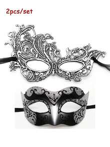 2件套奢华金色面具套装，威尼斯派对面具，适用于圣诞节、万圣节、狂欢节、浪漫情侣化装舞会，男女通用，情人节礼物