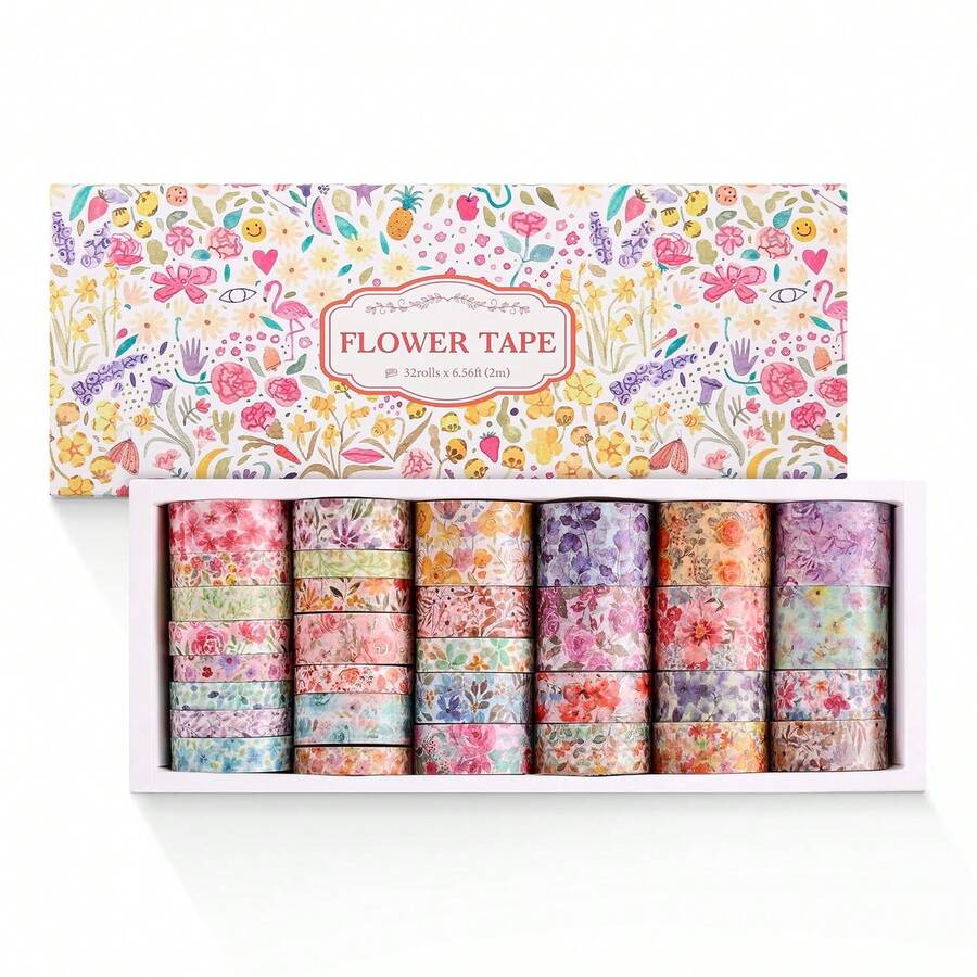 32 Rolls Washi Tape Set, Colored Floral Decorative Masking Tape, Artists Tapes For Junk Journal, Journaling, DIY Craft Projects, Scrapbooking Supplies Decor - Hoa nhiều màu sắc - Xem 1
