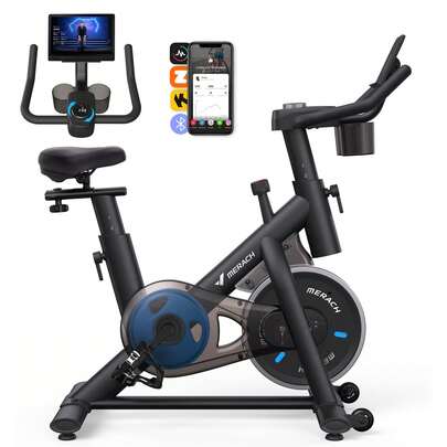 MERACH Bicicleta Estática en Casa con Resistencia Ajustable, Bicicleta Estatica Silenciosa con Monitor LED, Cómodo Cojín de Asiento, App Propia, Capacidad de 136 kg, Entrenamiento Aeróbico