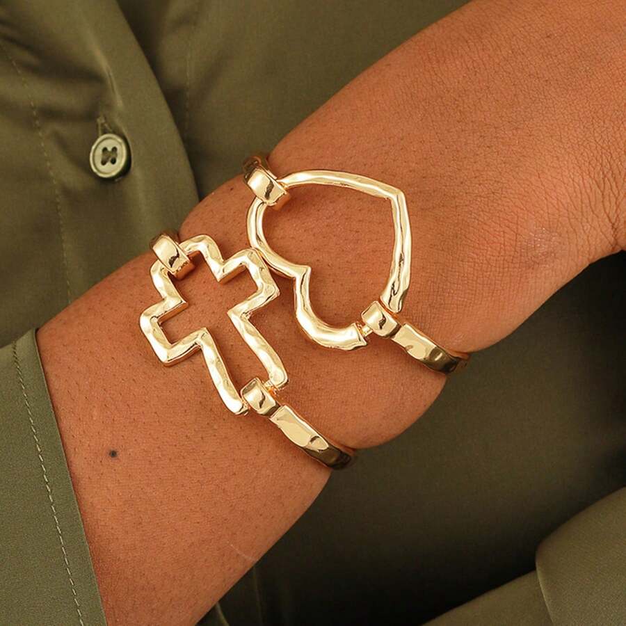 Women's Exaggerated Unique Fashion Creative Cross Heart Shaped Adjustable Bangle Bracelet, Elegant Personalized Heart Cross Design Jewelry